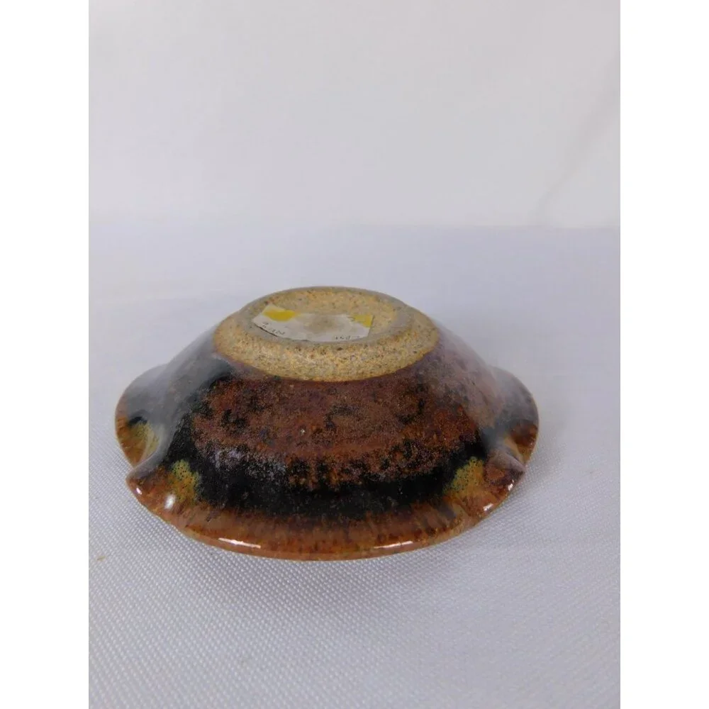 Vintage Crushed Glass Ceramic Ashtray Brown Green Multicolor Pottery Retro Decor